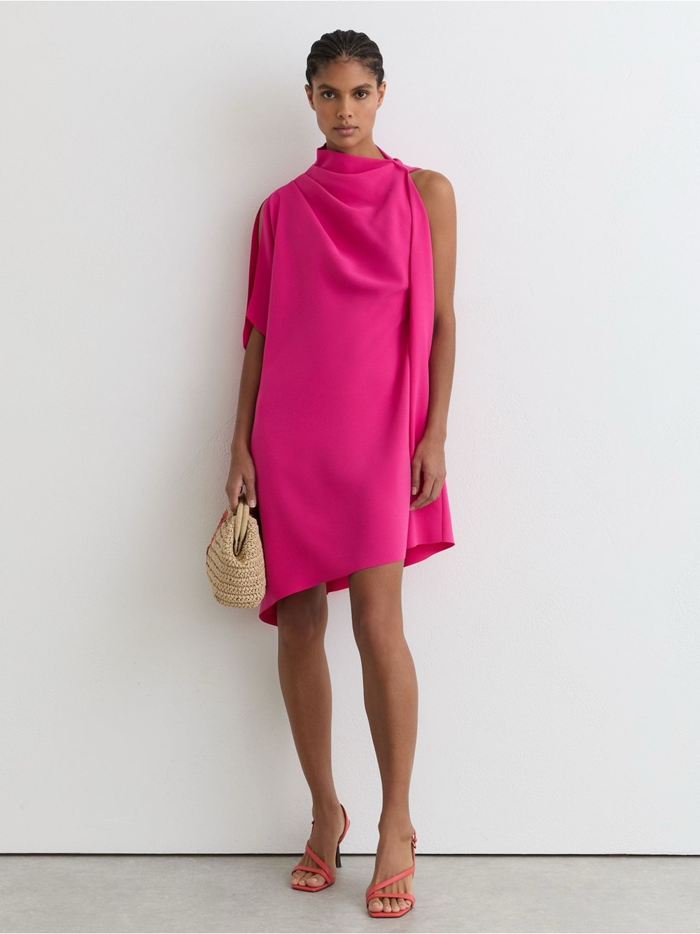 Reiss One-Shoulder Draped Mini Dress in Hot Pink
